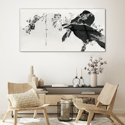 Black bird against the background of nature Glass art print