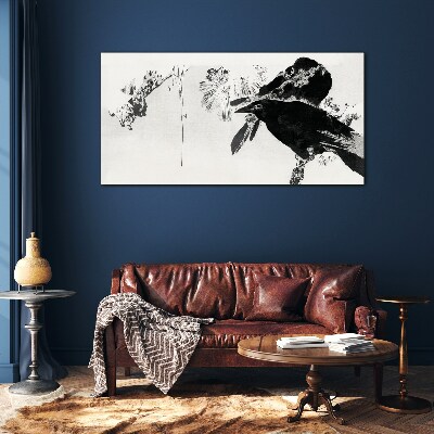 Black bird against the background of nature Glass art print