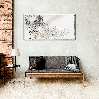 Floral landscape with a butterfly Wall art on glass