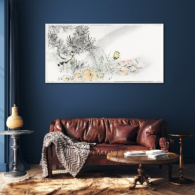 Floral landscape with a butterfly Wall art on glass