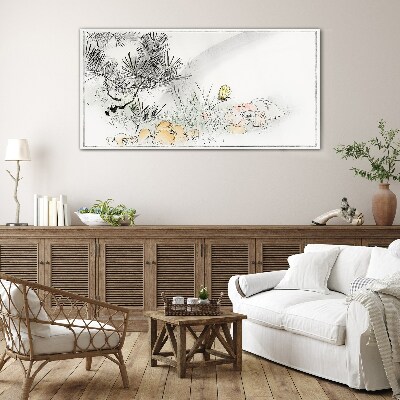 Floral landscape with a butterfly Wall art on glass