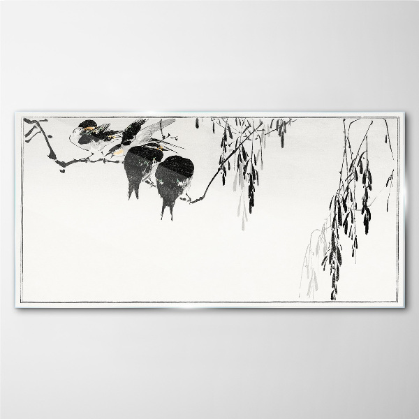 Birds on a branch in white Glass art print