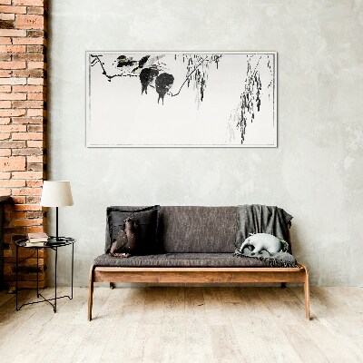 Birds on a branch in white Glass art print