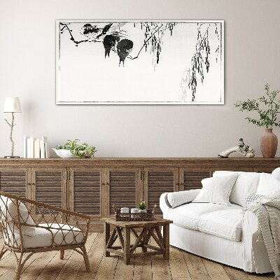 Birds on a branch in white Glass art print
