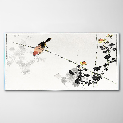 Bird on a branch with flowers Wall art on glass