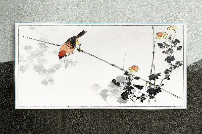 Bird on a branch with flowers Wall art on glass