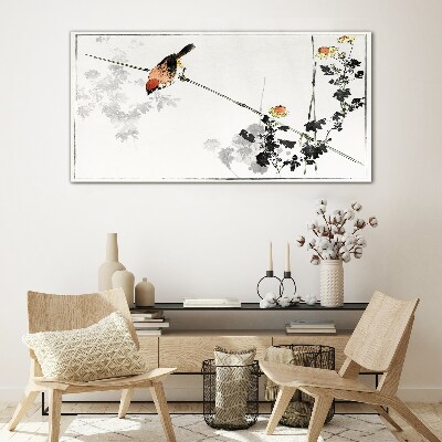 Bird on a branch with flowers Wall art on glass