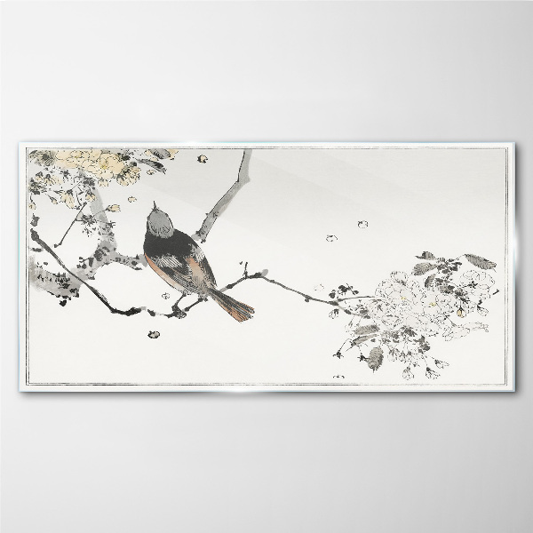 A bird on a branch in delicate colors Glass art print