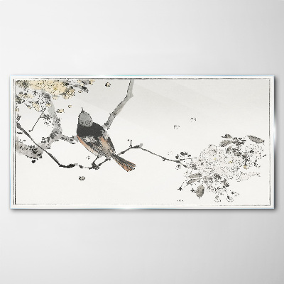 A bird on a branch in delicate colors Glass art print