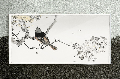 A bird on a branch in delicate colors Glass art print