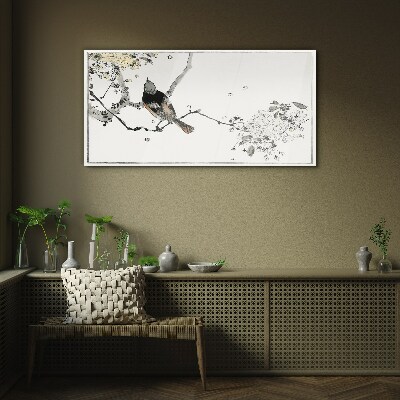A bird on a branch in delicate colors Glass art print
