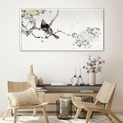 A bird on a branch in delicate colors Glass art print