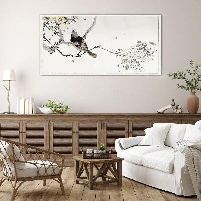 A bird on a branch in delicate colors Glass art print