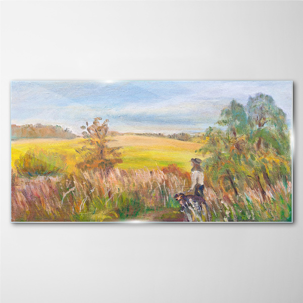 Summer landscape with a figure and a dog Glass art print
