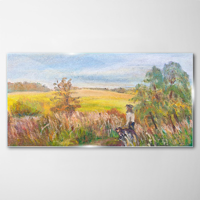 Summer landscape with a figure and a dog Glass art print