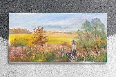 Summer landscape with a figure and a dog Glass art print