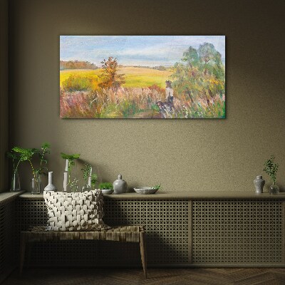 Summer landscape with a figure and a dog Glass art print
