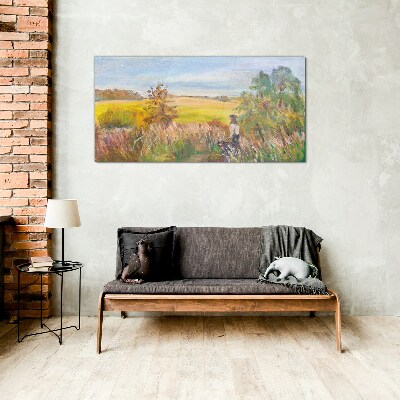 Summer landscape with a figure and a dog Glass art print