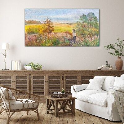 Summer landscape with a figure and a dog Glass art print