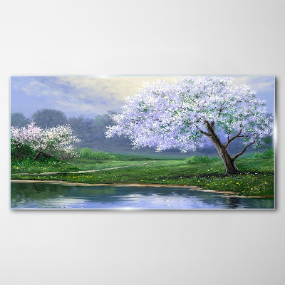Spring landscape with blooming trees Glass art print
