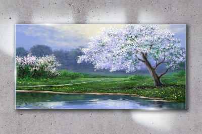Spring landscape with blooming trees Glass art print