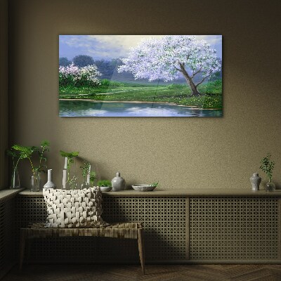 Spring landscape with blooming trees Glass art print