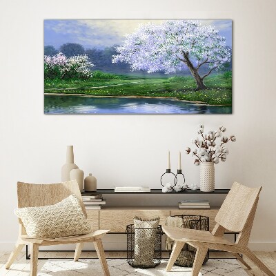 Spring landscape with blooming trees Glass art print