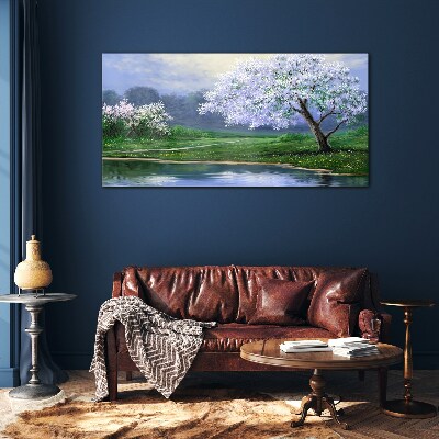 Spring landscape with blooming trees Glass art print