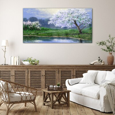Spring landscape with blooming trees Glass art print