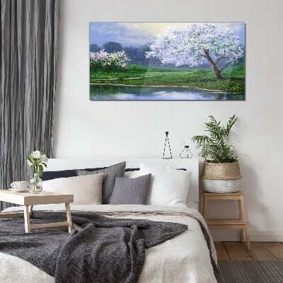 Spring landscape with blooming trees Glass art print