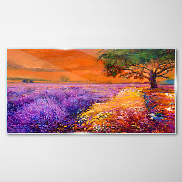 Lavender fields in sunset Glass art print