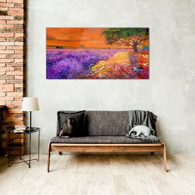 Lavender fields in sunset Glass art print