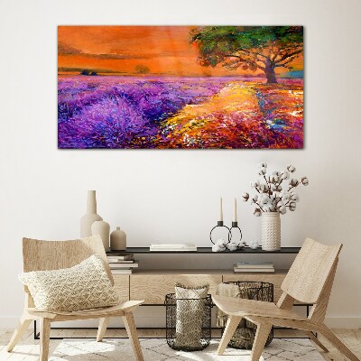 Lavender fields in sunset Glass art print