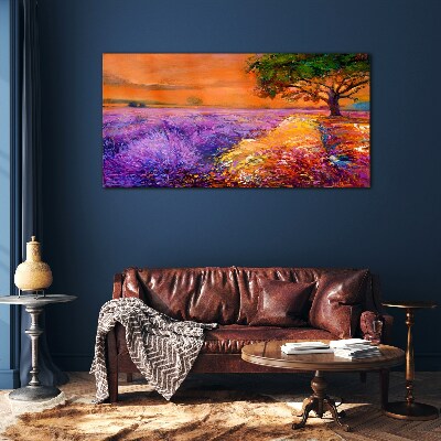 Lavender fields in sunset Glass art print
