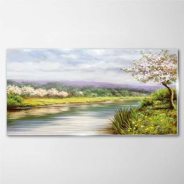 Spring landscape by the river Wall art on glass