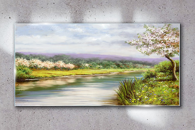 Tree flowers river landscape Glass Wall Art