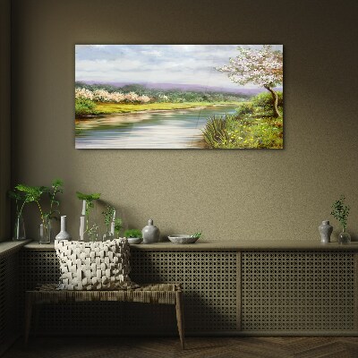 Spring landscape by the river Wall art on glass