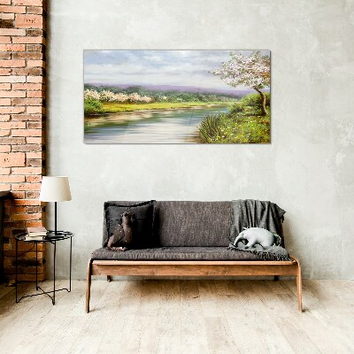 Spring landscape by the river Wall art on glass