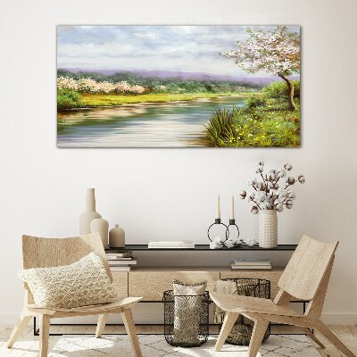 Spring landscape by the river Wall art on glass