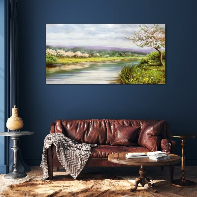 Spring landscape by the river Wall art on glass