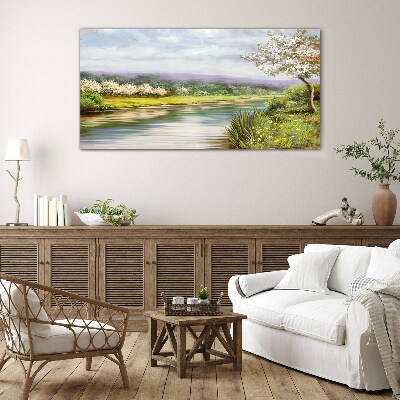 Spring landscape by the river Wall art on glass