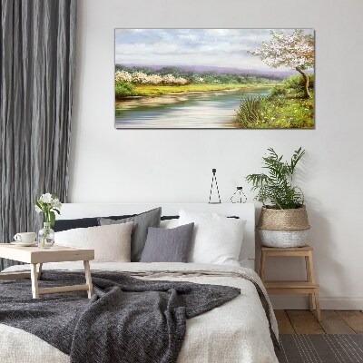 Spring landscape by the river Wall art on glass