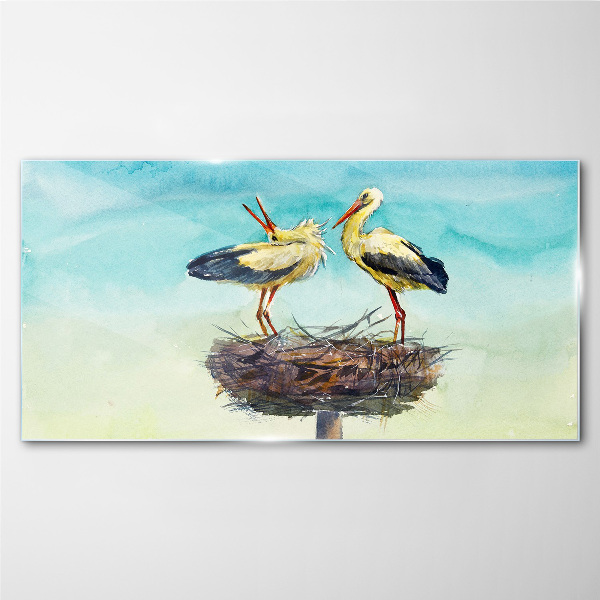 Storks on a nest in the blue Glass art print