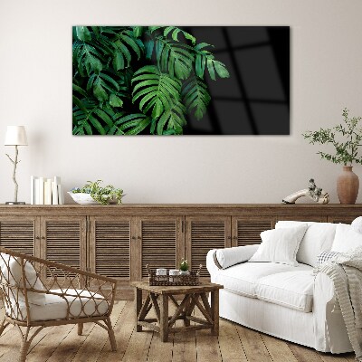 Green leaves on a black background Glass art print