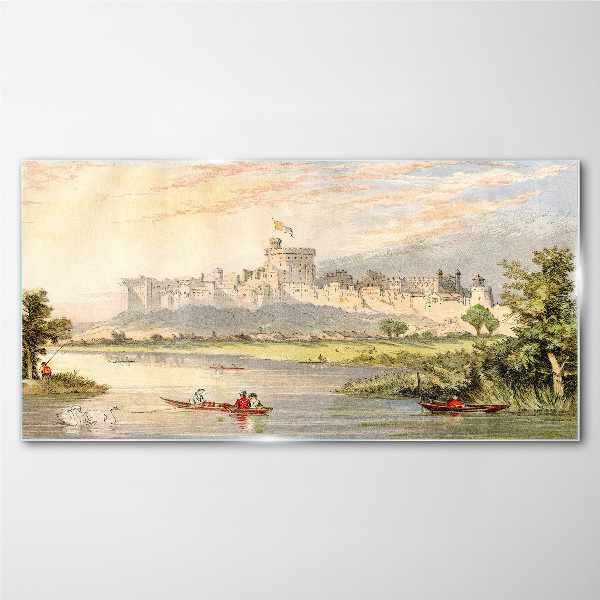 Boats castle tree sky Glass Print