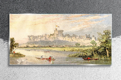 A castle by the river in pastel colors Glass art print