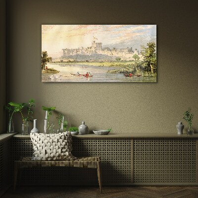 A castle by the river in pastel colors Glass art print