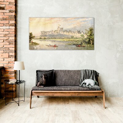 A castle by the river in pastel colors Glass art print