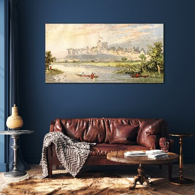 A castle by the river in pastel colors Glass art print