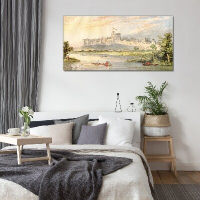 A castle by the river in pastel colors Glass art print